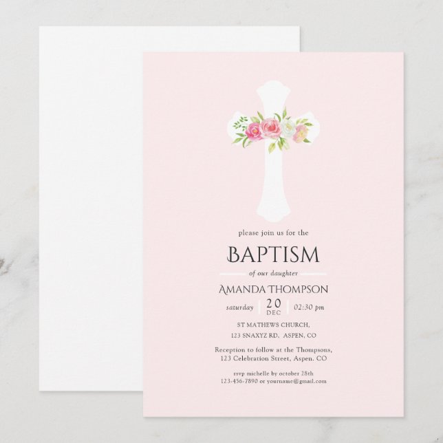 Convites Batismo Floral de Aquarela ou Christening (Frente/Verso)