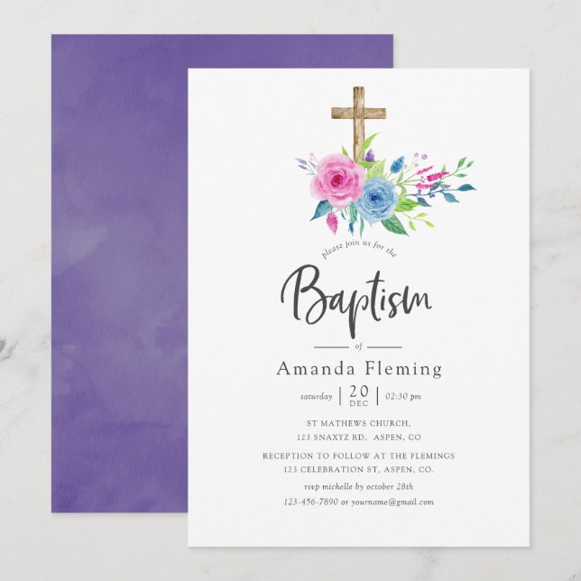 Convites Batismo Floral de Aquarela Violeta Ultra (Frente/Verso)