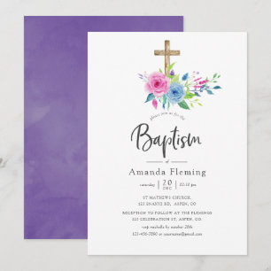Convites Batismo Floral de Aquarela Violeta Ultra