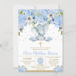 Convites Batismo Floral de Elefante Cortado Azul
