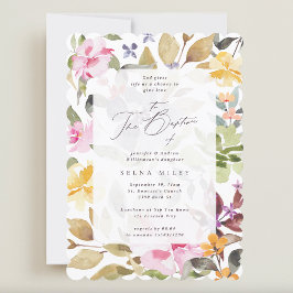 Convites Batismo Floral de Moldura de Caligrafia Elegante