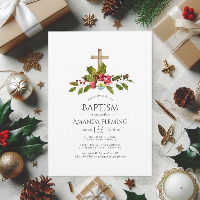 Convites Batismo Floral de Natal ou Natal (Christmas Floral Baptism or Christening Invitation)