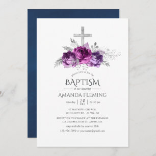 Convites Batismo Floral de Plum e Marinho ou Christening