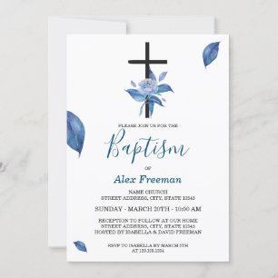 Convites Batismo Floral de Rosa com de Leitura Azul Único