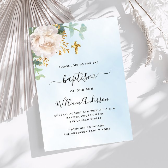 Convites Batismo floral do eucalipto do céu azul (Criador carregado)