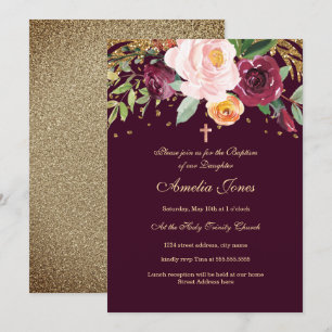 Convites Batismo Floral Dourado Burgundy