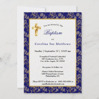 Convites Batismo Floral Dourado do Leão Azul Elegante