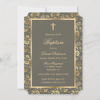 Convites Batismo Floral Dourado Ebony
