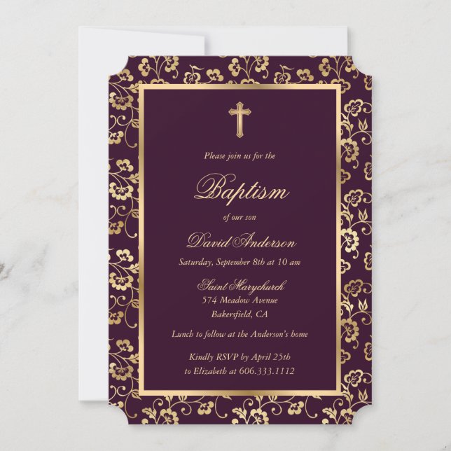 Convites Batismo Floral Dourado Roxo-Roxo Escuro-Chic (Frente)