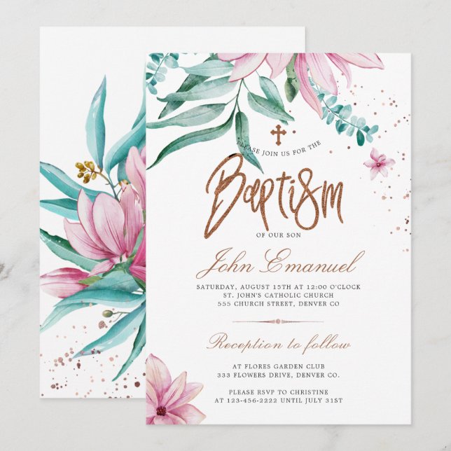 Convites Batismo floral elegante aquarela (Frente/Verso)