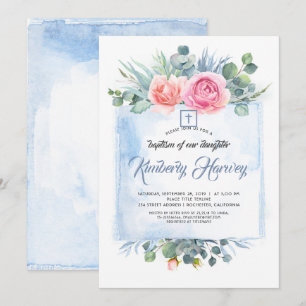 Convites Batismo Floral Elegante Azul Rosa e Dusty