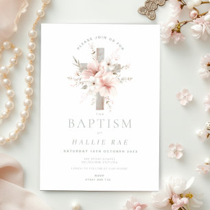 Convites Batismo Floral Elegante para Menina, Cruz Rosa Esb