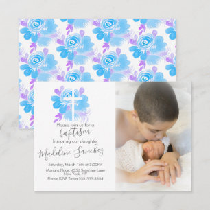 Convites Batismo Floral em Aquarela Cruz Dedicação de Bebê 