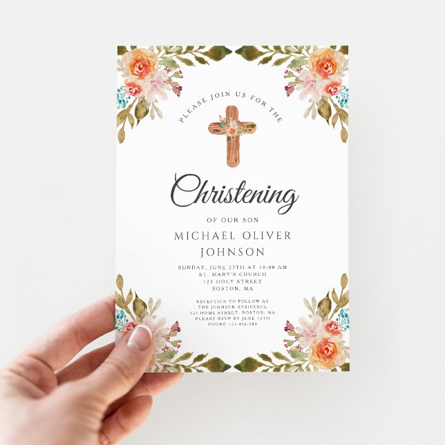Convites Batismo Floral em Aquarela Moderna (Criador carregado)