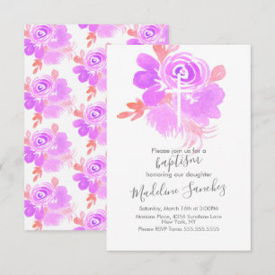 Convites Batismo Floral em Aquarela Roxo Dedicação de Bebê