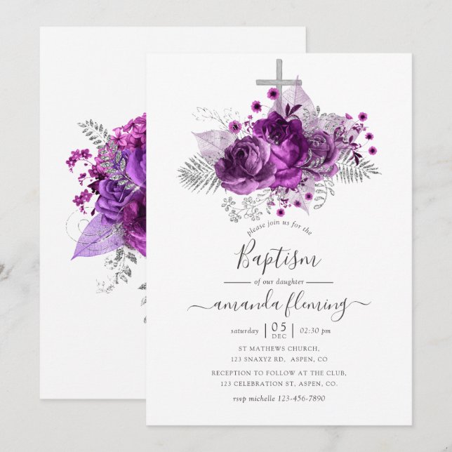 Convites Batismo Floral em Aquarela Roxo e Prata (Frente/Verso)