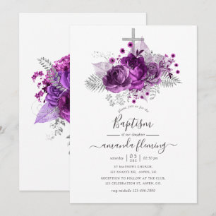 Convites Batismo Floral em Aquarela Roxo e Prata