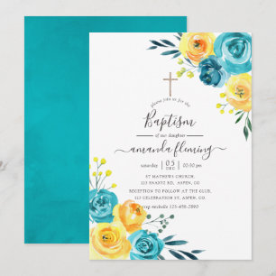 Convites Batismo Floral em Aquarela Turquesa e Amarelo