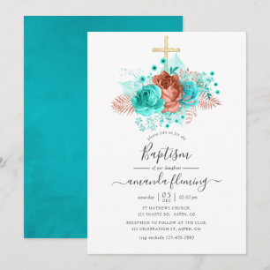 Convites Batismo Floral em Aquarela Turquesa e Coral