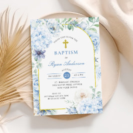 Convites Batismo Floral em Azul Desbotado e Dourado