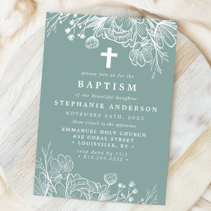 Convites Batismo Floral em Teal Desbotado e Branco