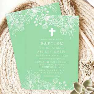 Convites Batismo Floral em Verde Menta e Branco