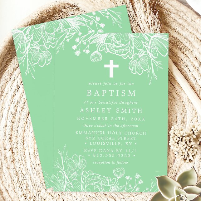 Convites Batismo Floral em Verde Menta e Branco (Criador carregado)