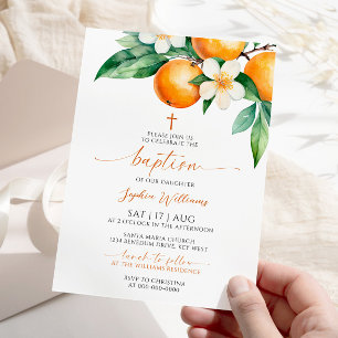 Convites Batismo Floral Laranja Elegante