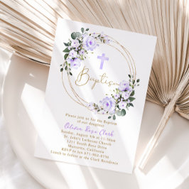 Convites Batismo Floral lavanda Christening Dourado Frame