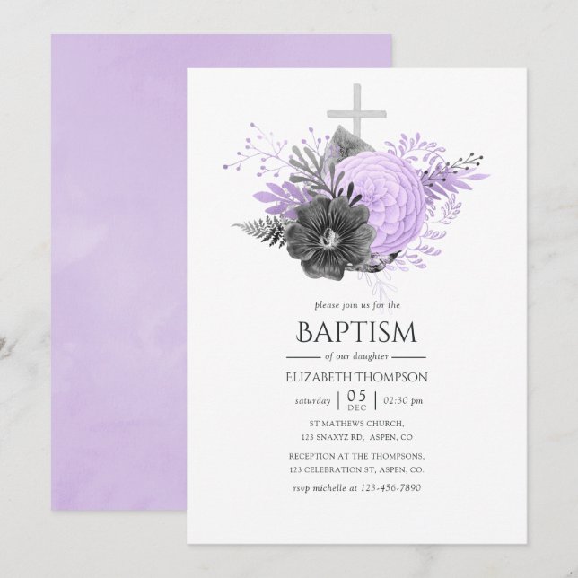 Convites Batismo Floral Lilás e Carvão (Frente/Verso)