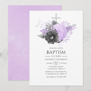 Convites Batismo Floral Lilás e Carvão