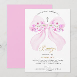 Convites Batismo Floral Menina Arco Rosa Aquarela