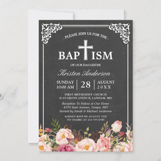 Convites Batismo Floral | Quadro de Quadros de Chalkboards  (Frente)