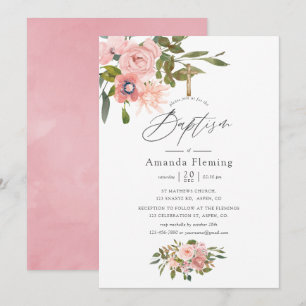 Convites Batismo Floral Rosa Água e Dourado Rosa