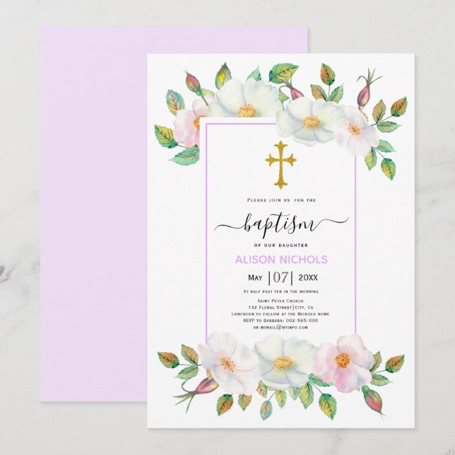 Convites Batismo floral rosa branco selvagem (Frente/Verso)