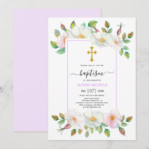 Convites Batismo floral rosa branco selvagem lavanda 