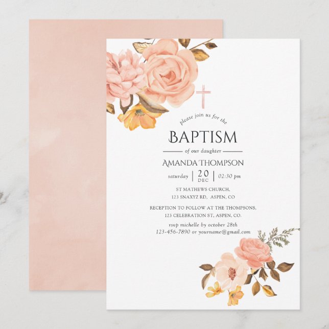 Convites Batismo Floral Rosa e Dourado (Frente/Verso)