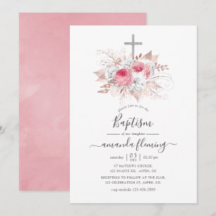 Convites Batismo Floral Rosa e Dourado Rosa