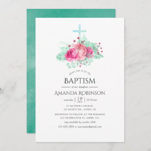 Convites Batismo Floral Rosa e Mint ou Christening