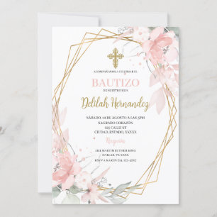 Convites Batismo floral rosa espanhol