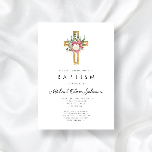 Convites Batismo Floral Rosa Rosa Elegante (Elegant Religious Cross Pink Floral Baptism Invitation)