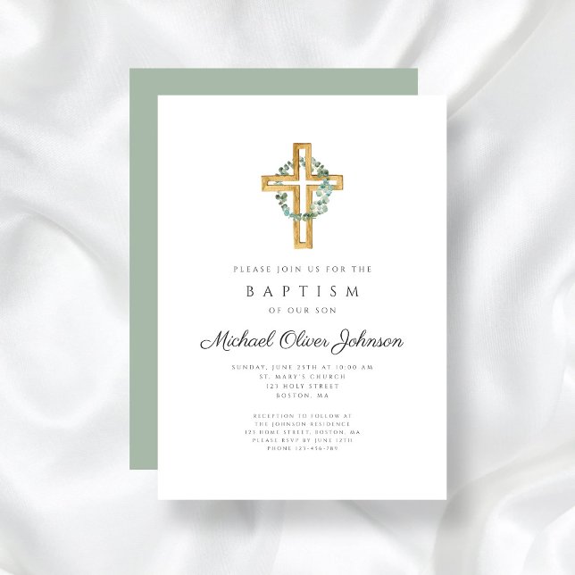 Convites Batismo Floral Verde da Cruz Religiosa (Religious Cross Sage Green Floral Wreath Baptism Invitation)