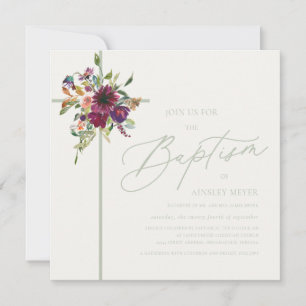 Convites Batismo Floral Verde Suave e Borgonha Verde