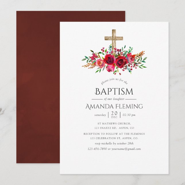 Convites Batismo Floral Vermelho Borgonha ou Christening (Frente/Verso)