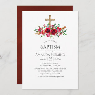 Convites Batismo Floral Vermelho Borgonha ou Christening