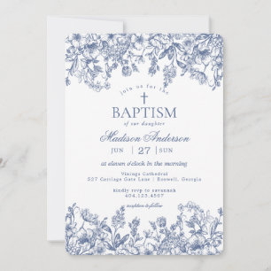 Convites Batismo Floral Vintage Chinoiserie Azul