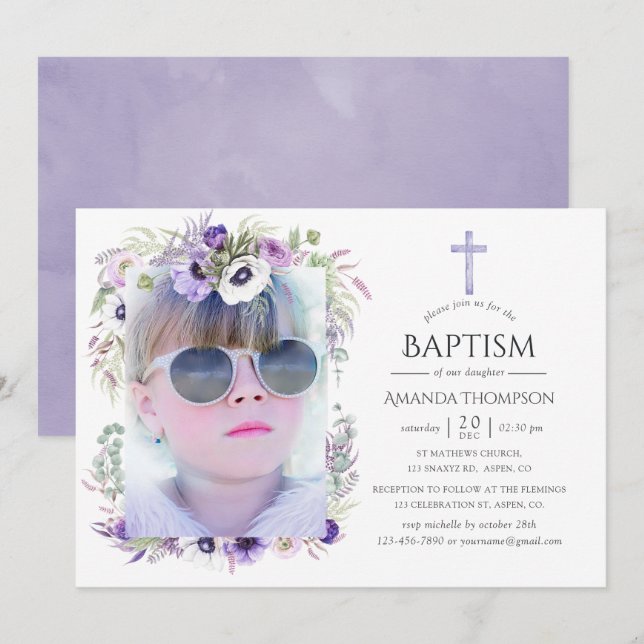 Convites Batismo Floral Violet Dusty ou Christening (Frente/Verso)