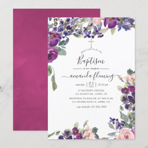 Convites Batismo Floral Violeta, Ameixa e Bege