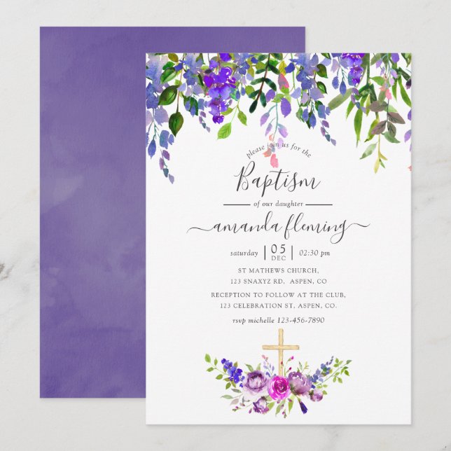Convites Batismo Floral Violeta Aquarela (Frente/Verso)