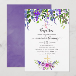 Convites Batismo Floral Violeta Aquarela